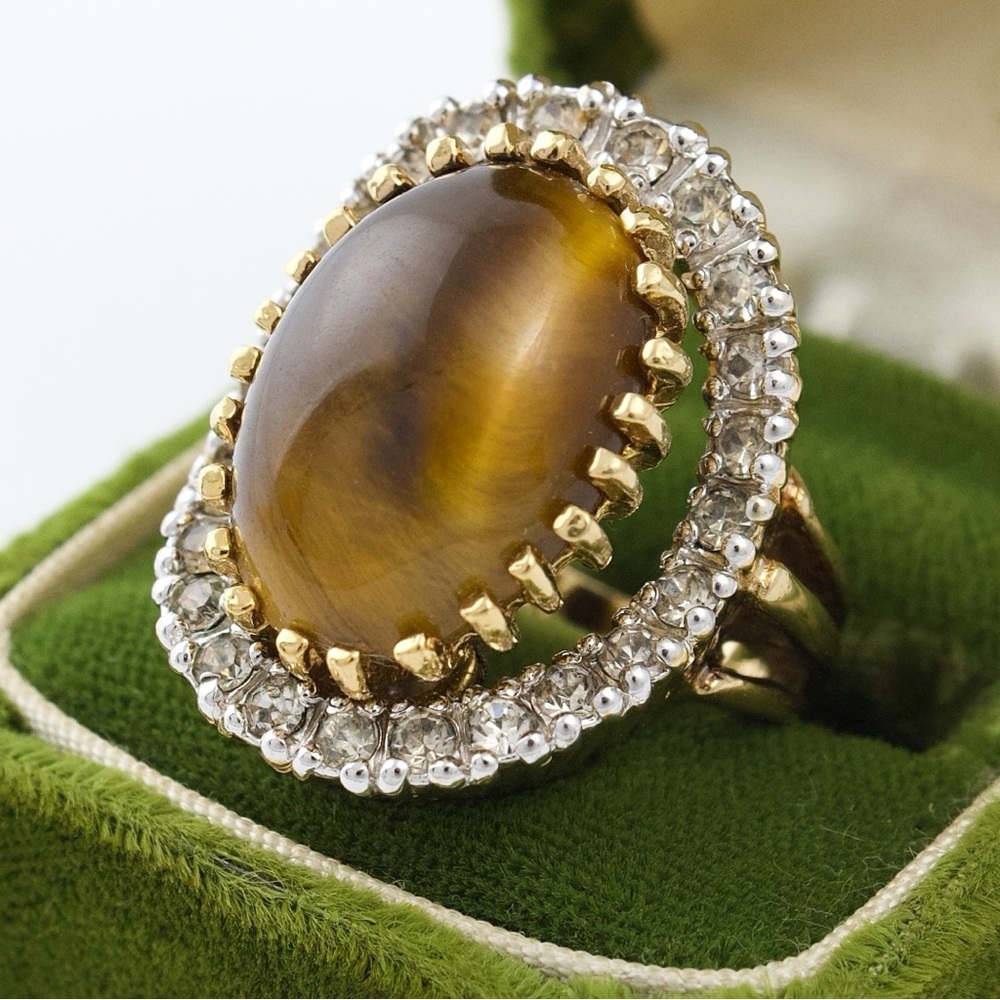 Vintage Panetta Tiger’s Eye Cocktail Ring with Original Box Size 7 Gold Vermeil